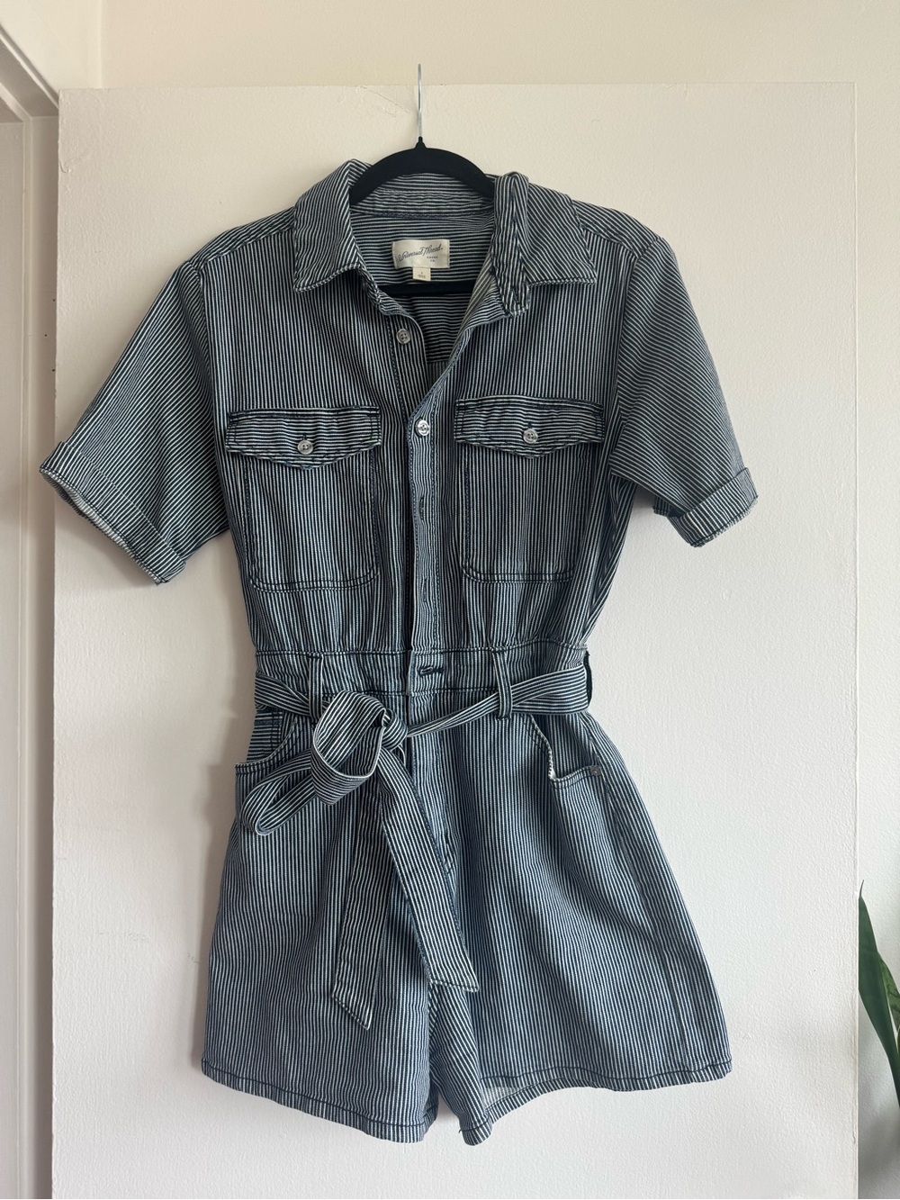 Universal Thread Blue and White Pinstripe Short-Sleeve Utility Romper